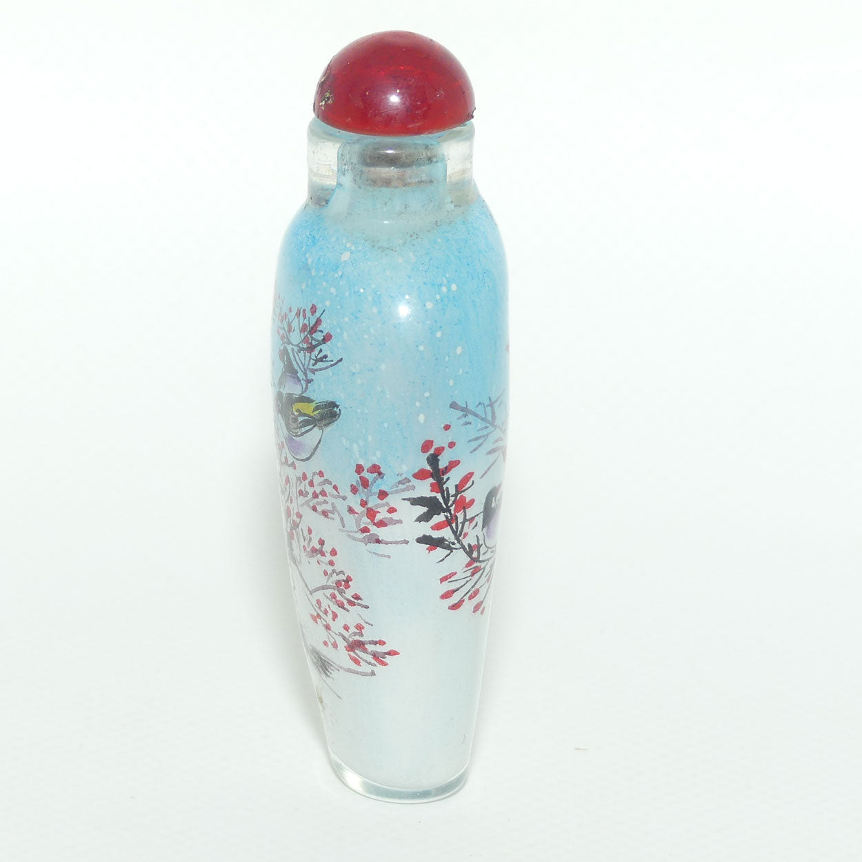 Chinese Reverse Painted Snuff bottle | Birds and Blue Sky | Red Stopper