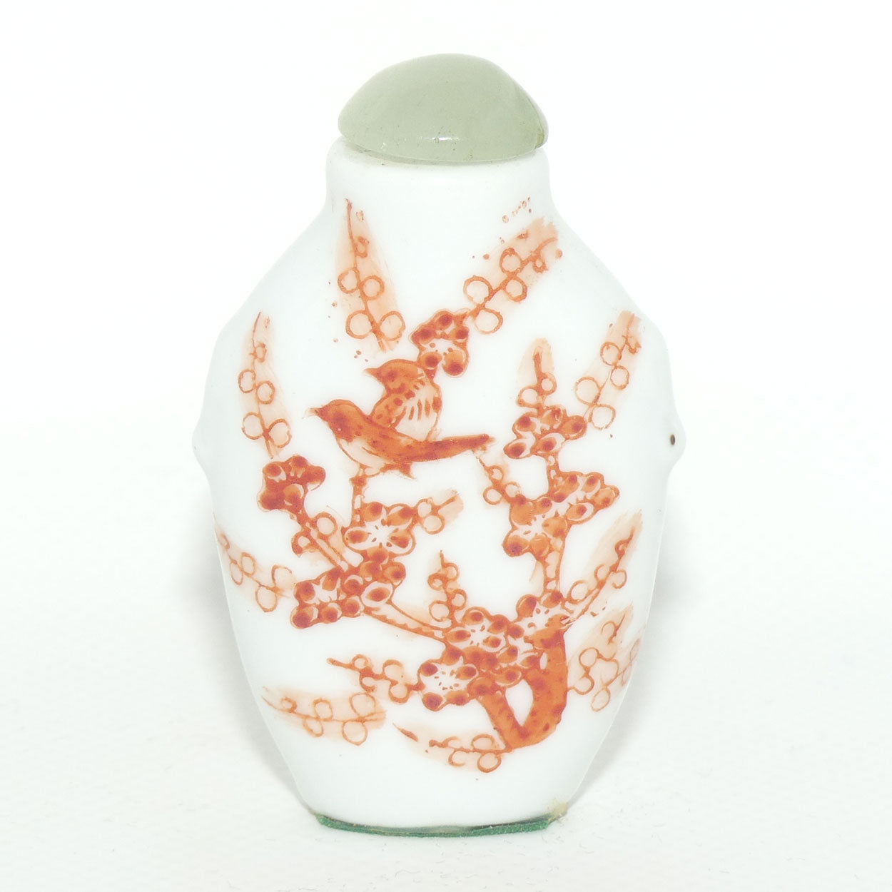 Chinese snuff bottle with greenstone stopper | Iron Red Birds in Cherry Blossom Tree