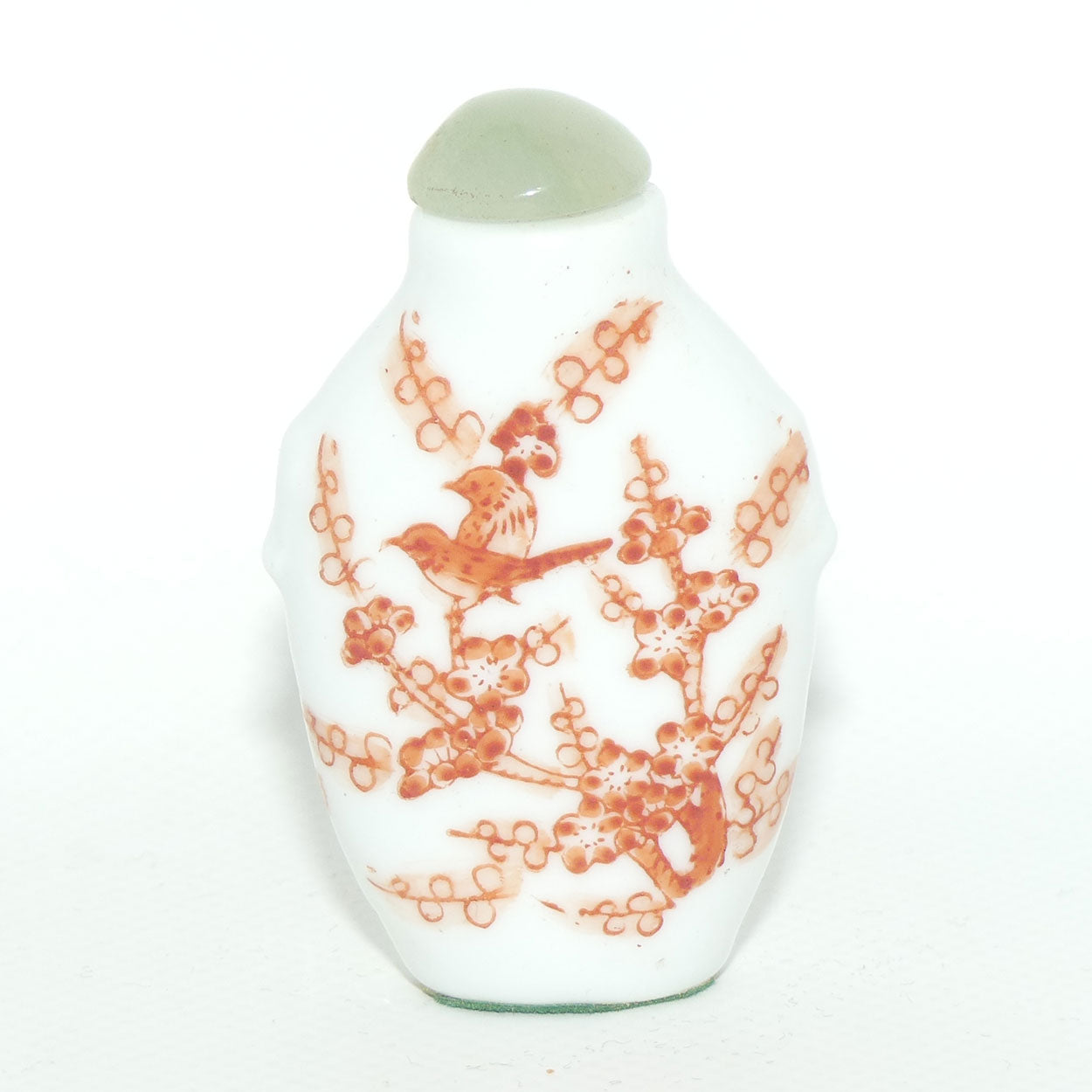 Chinese snuff bottle with greenstone stopper | Iron Red Birds in Cherry Blossom Tree
