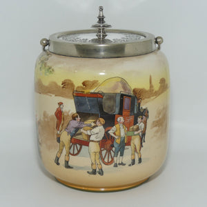 Royal Doulton Coaching Days biscuit barrel | decorated EP lid and round handle D2716