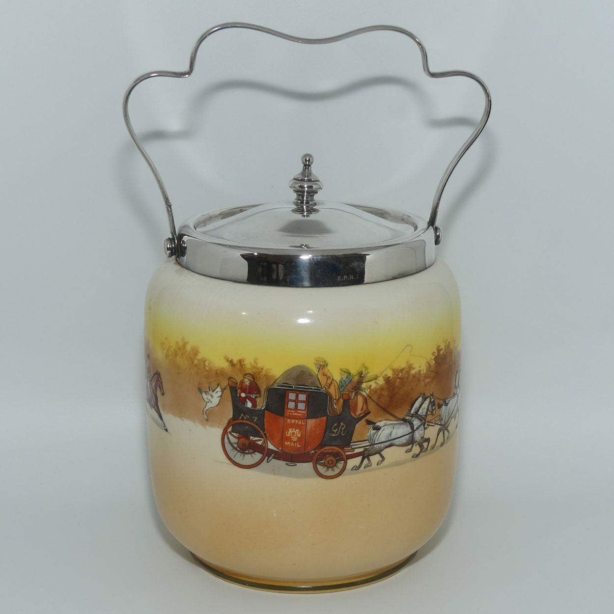 Royal Doulton Coaching Days biscuit barrel | high EP lid and handle D2716