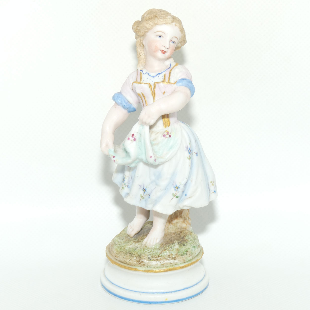 German Bisque Girl with Floral decorated dress and Gilt Decor c.1900