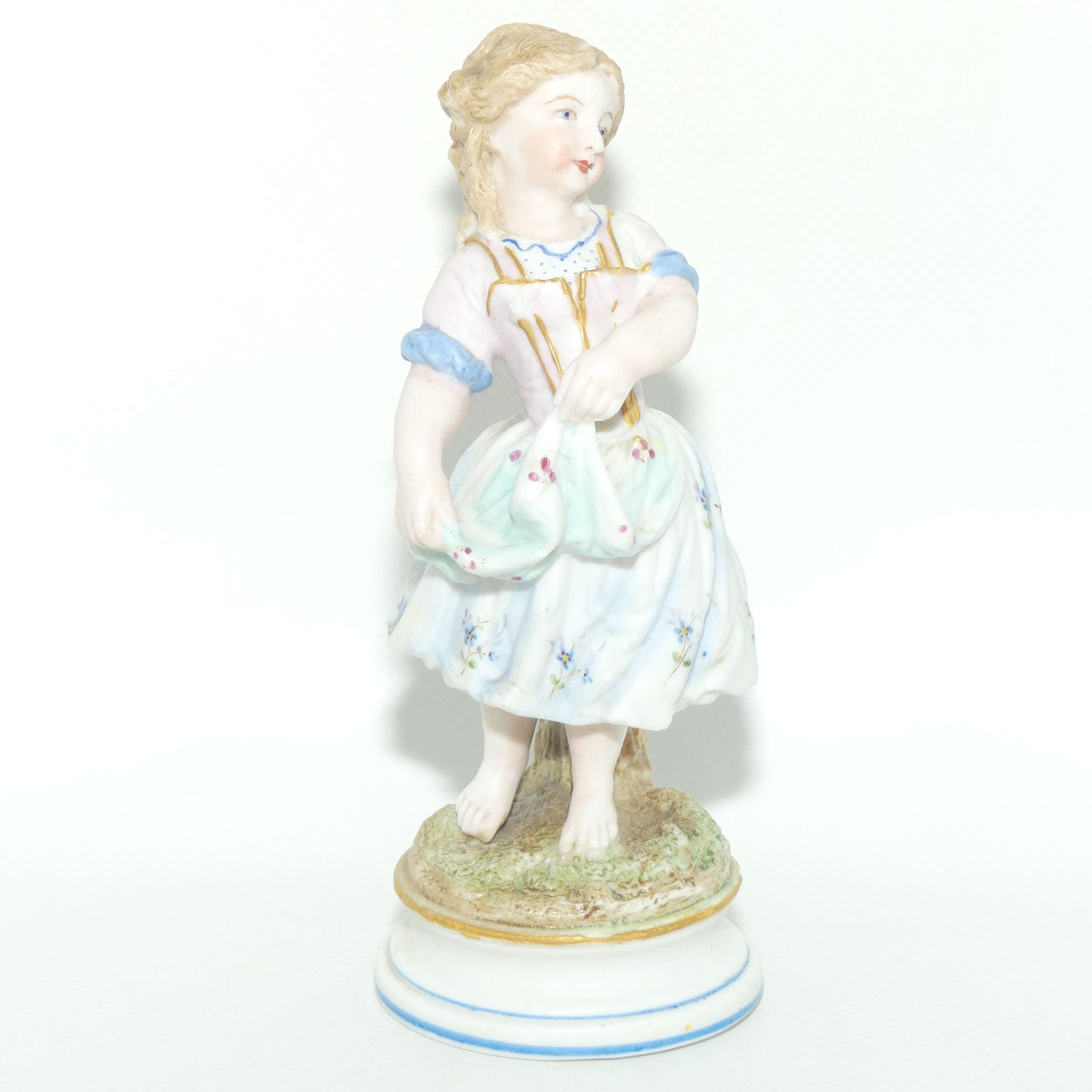 German Bisque Girl with Floral decorated dress and Gilt Decor c.1900