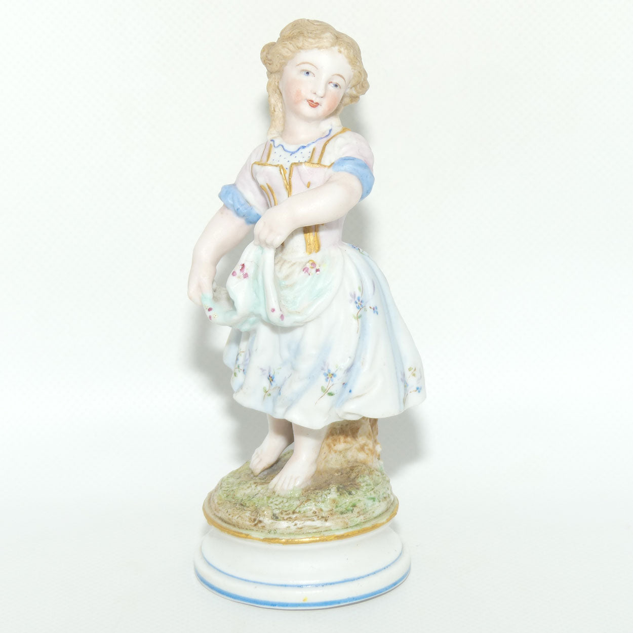 German Bisque Girl with Floral decorated dress and Gilt Decor c.1900