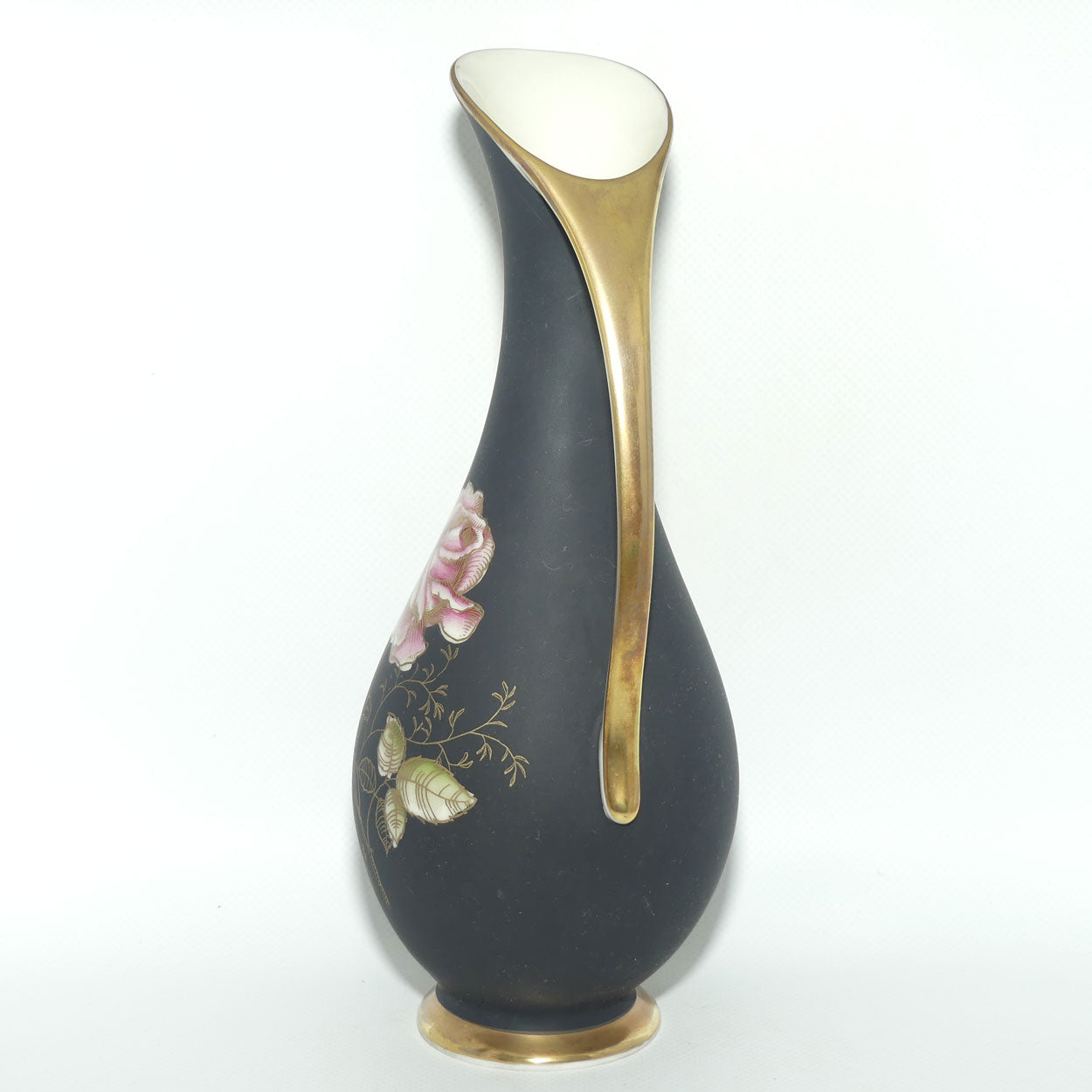 Royal Porzellan Bavaria KM Germany tall jug | Matt Black and Decorated with a Rose