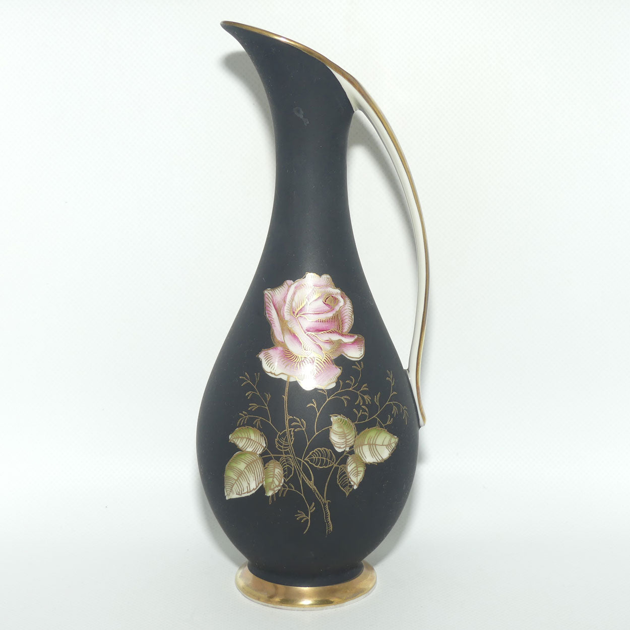 Royal Porzellan Bavaria KM Germany tall jug | Matt Black and Decorated with a Rose