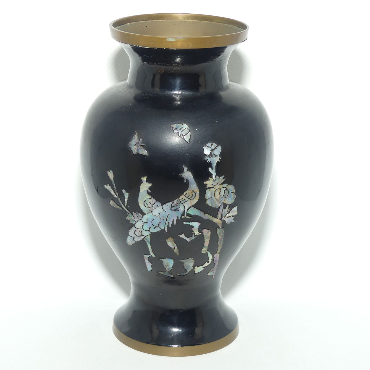 Vintage Japanese Black Lacquer on Brass vase decorated and inlaid with Mother of Pearl