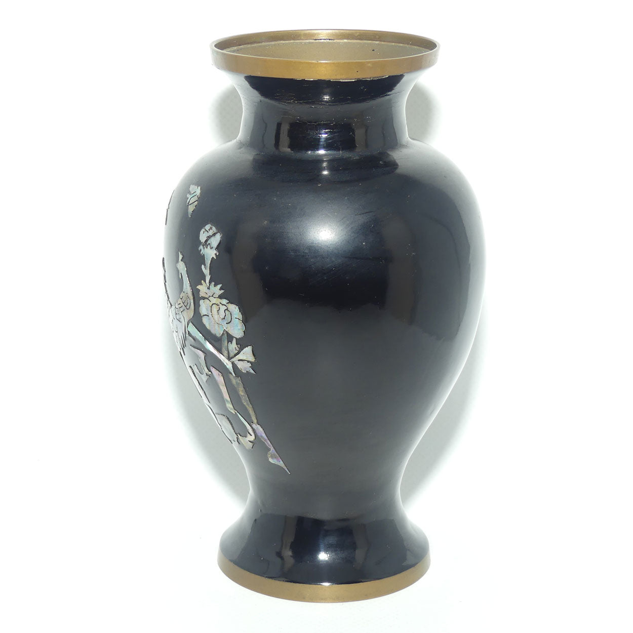 Vintage Japanese Black Lacquer on Brass vase decorated and inlaid with Mother of Pearl