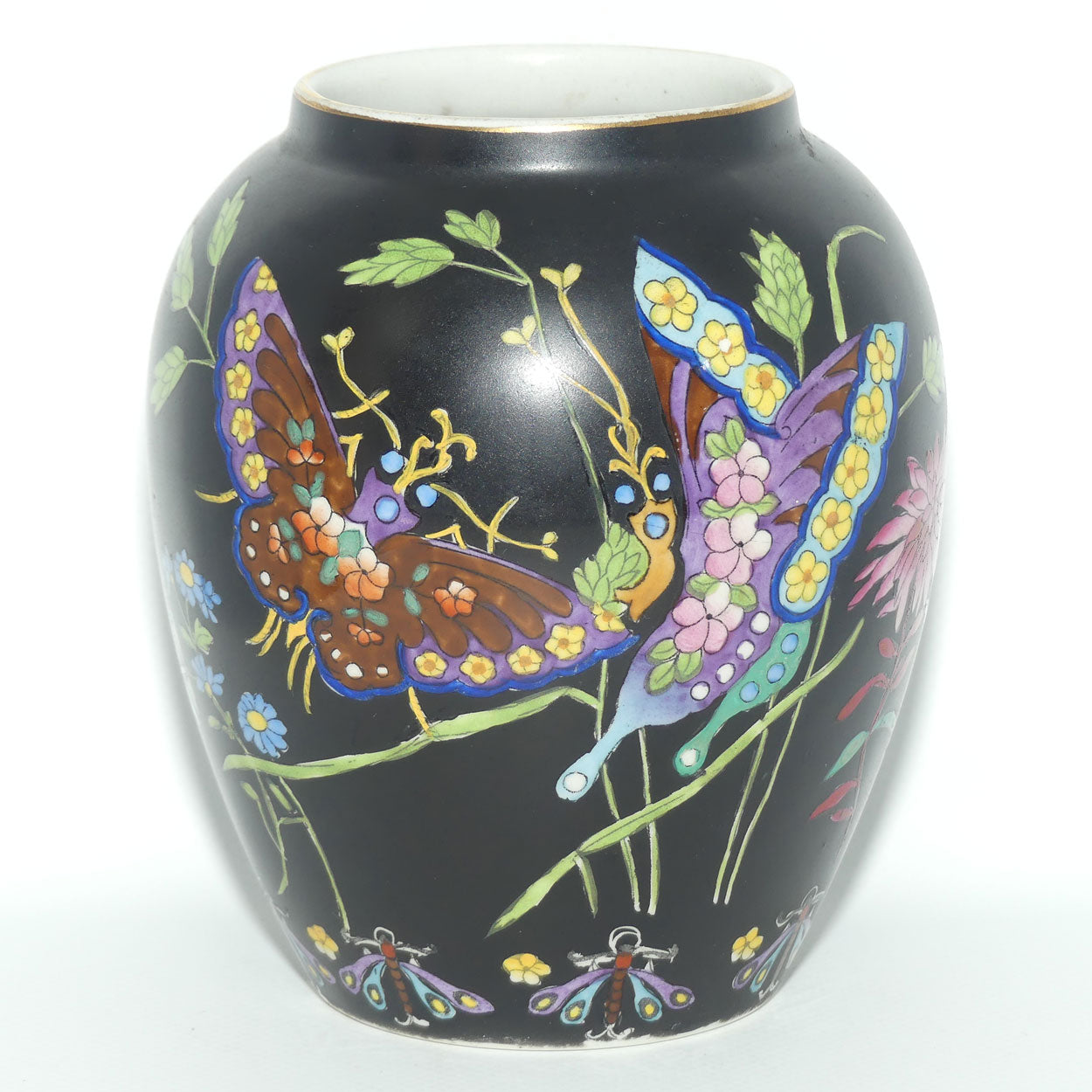 Cetem ware Maling Butterfly and Floral pattern on Black Ground vase