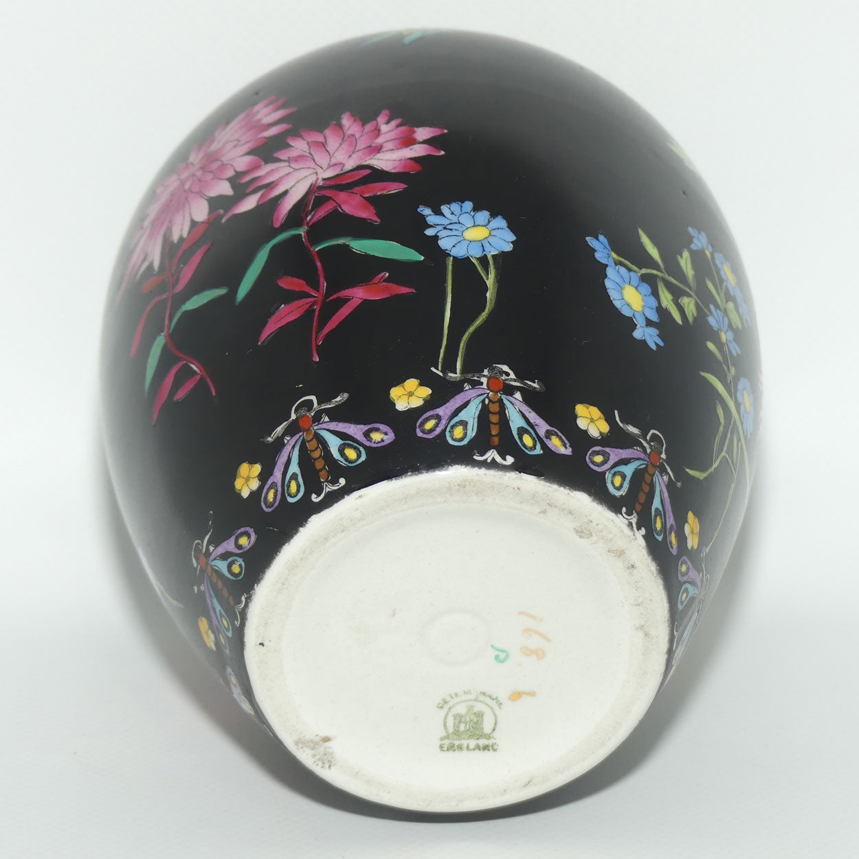 Cetem ware Maling Butterfly and Floral pattern on Black Ground vase