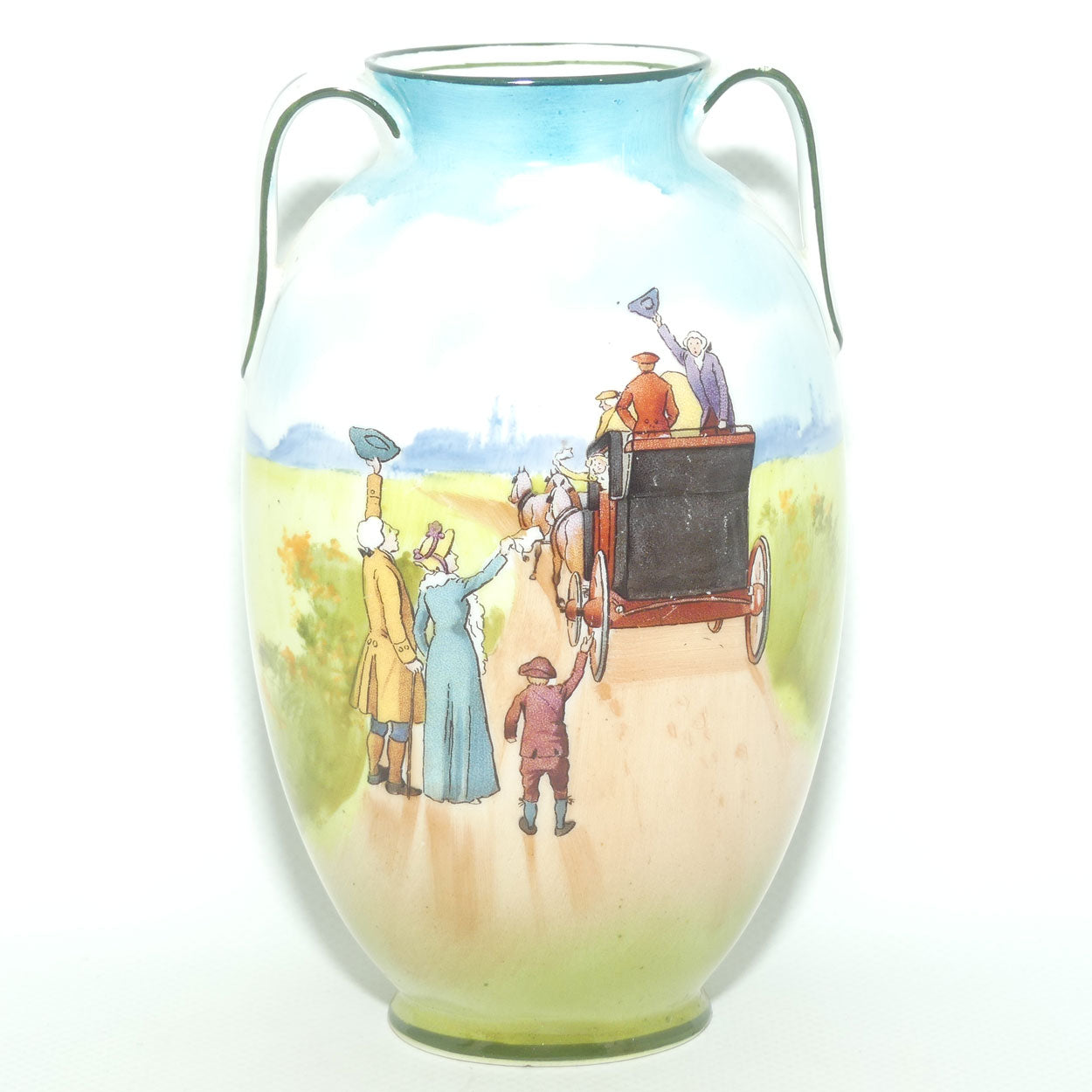 Royal Doulton Coaching Days twin handle vase E2768 | Family Waving | rare Blue Sky variation