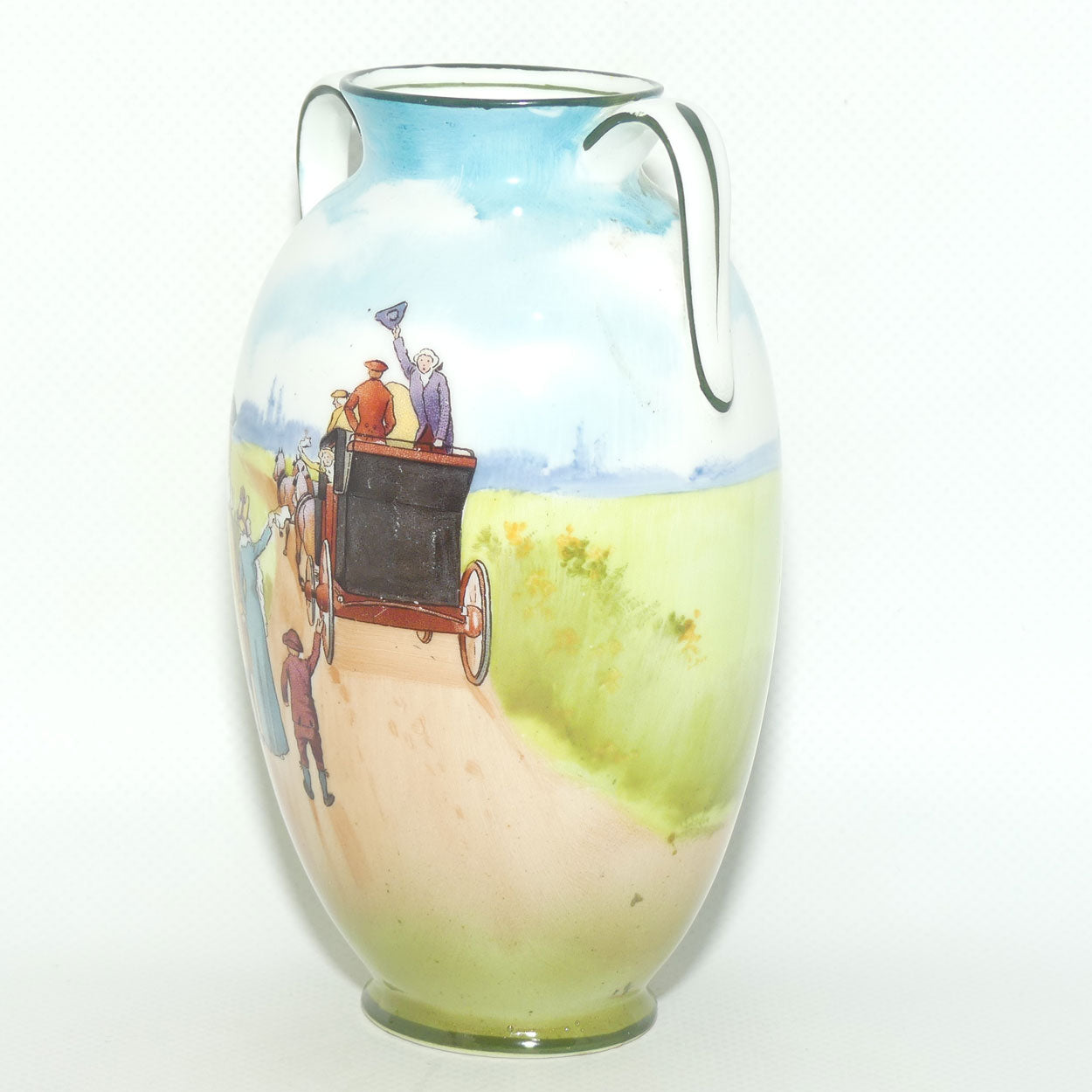 Royal Doulton Coaching Days twin handle vase E2768 | Family Waving | rare Blue Sky variation