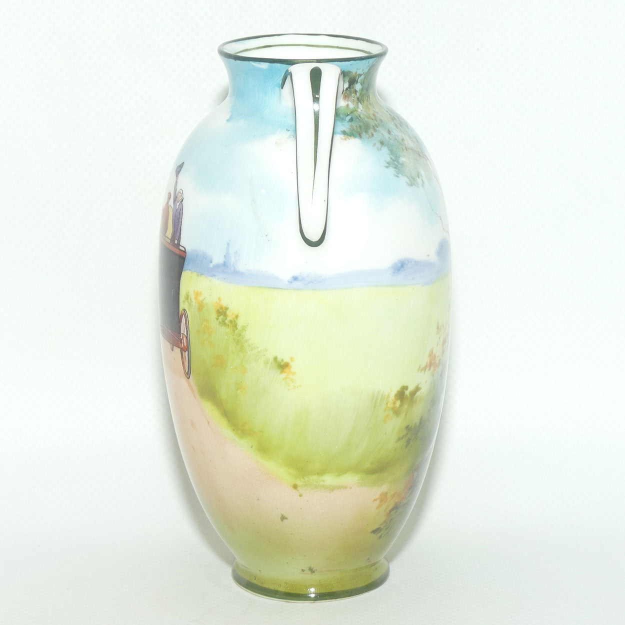 Royal Doulton Coaching Days twin handle vase E2768 | Family Waving | rare Blue Sky variation