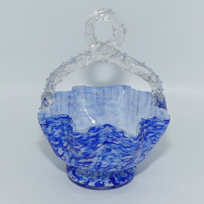 Victorian End of Day Blue Mottled glass thorn handle basket