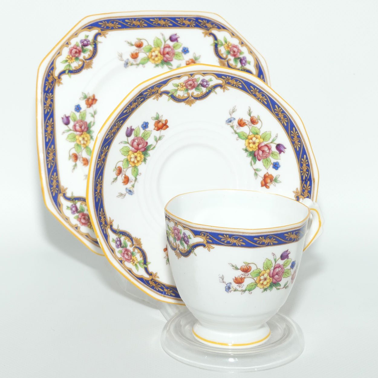 Tuscan Bone China fine tea trio | Blue Border and Floral pattern