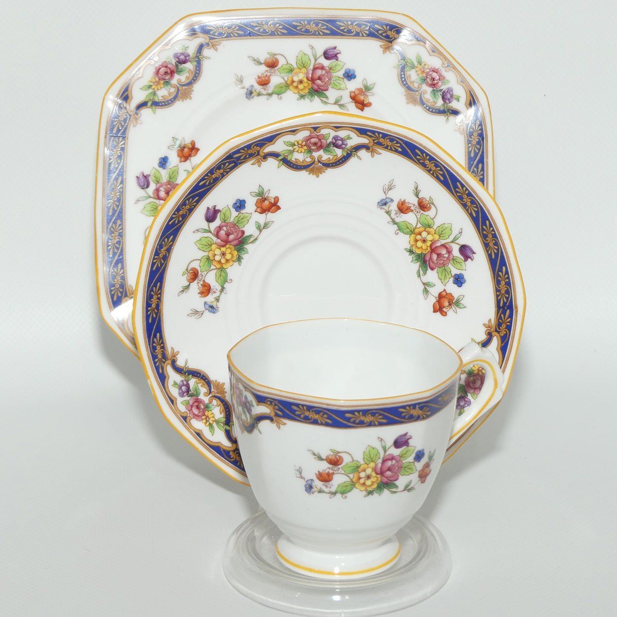 Tuscan Bone China fine tea trio | Blue Border and Floral pattern
