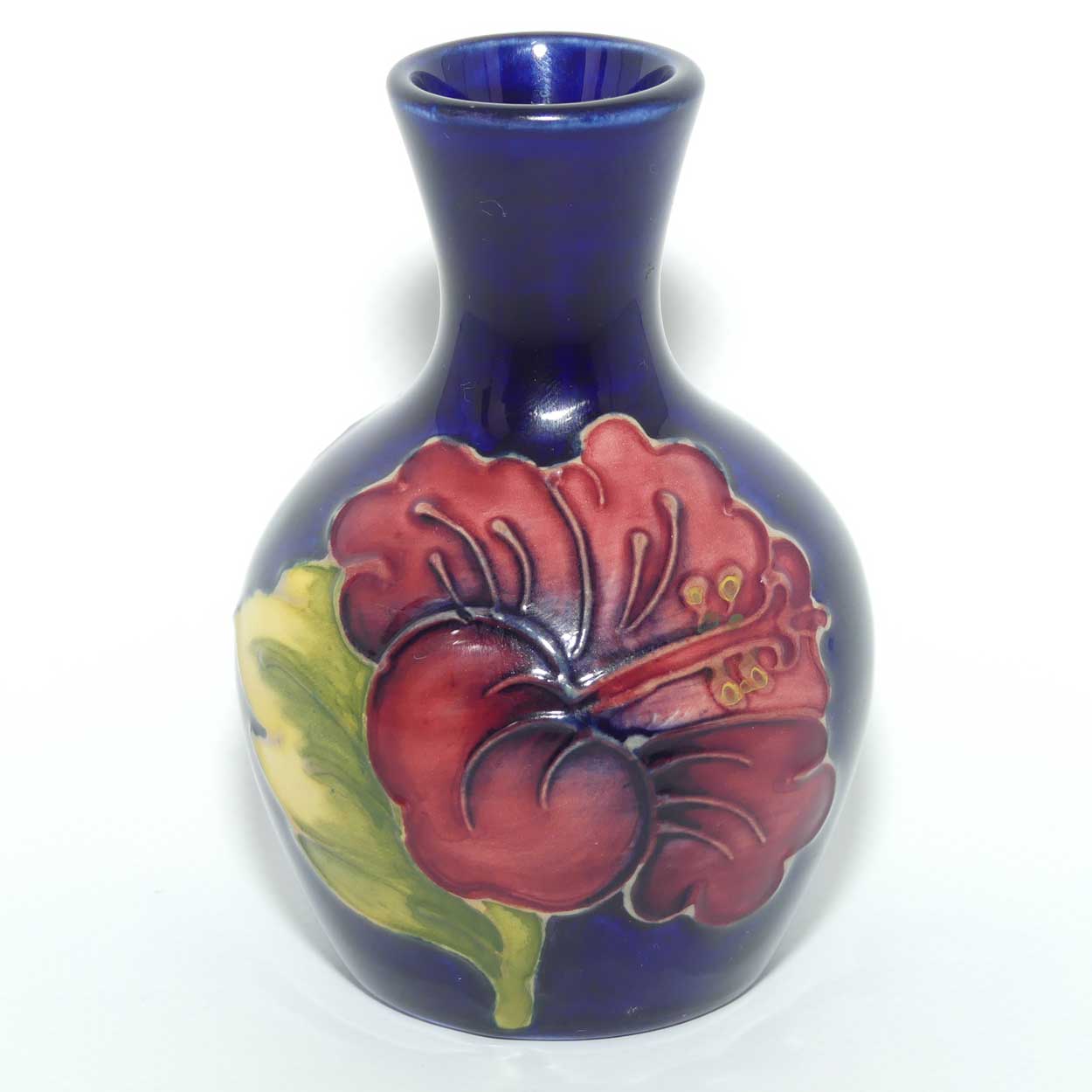 Walter Moorcroft Hibiscus on Blue Ground miniature bud vase