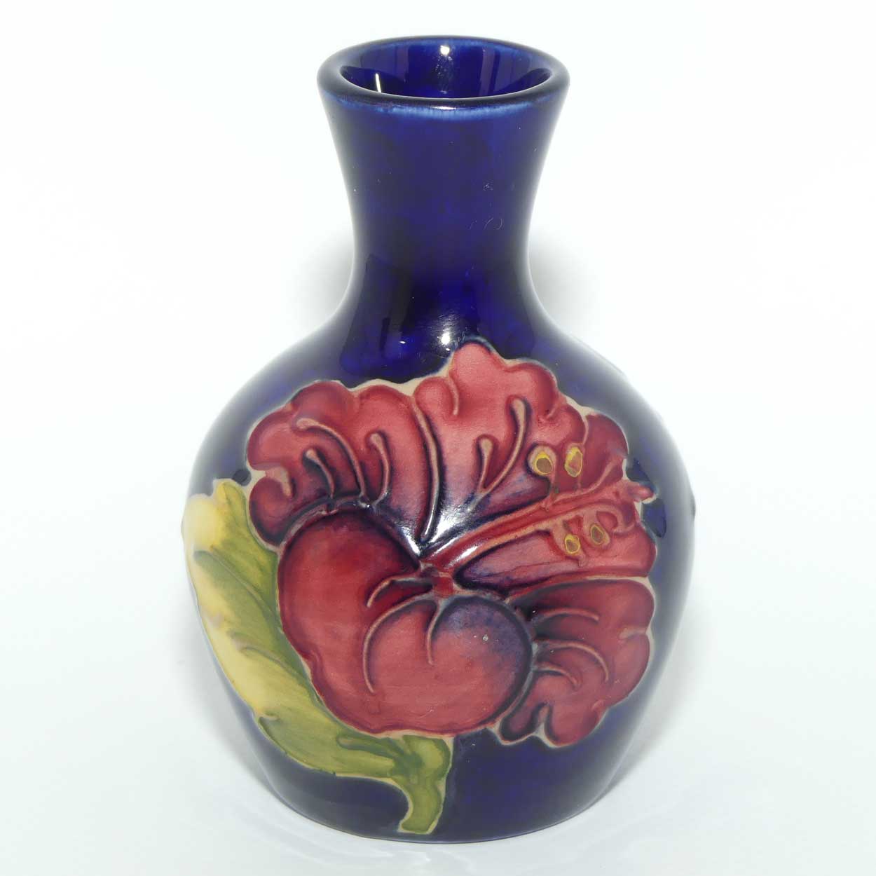 Walter Moorcroft Hibiscus on Blue Ground miniature bud vase
