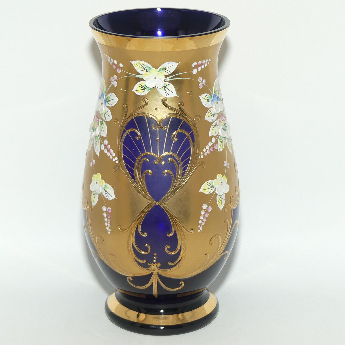 Vintage Bohemian Egermann vase | High Gilt and Floral Decor on Dark Blue