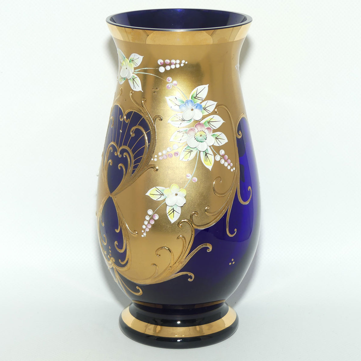 Vintage Bohemian Egermann vase | High Gilt and Floral Decor on Dark Blue