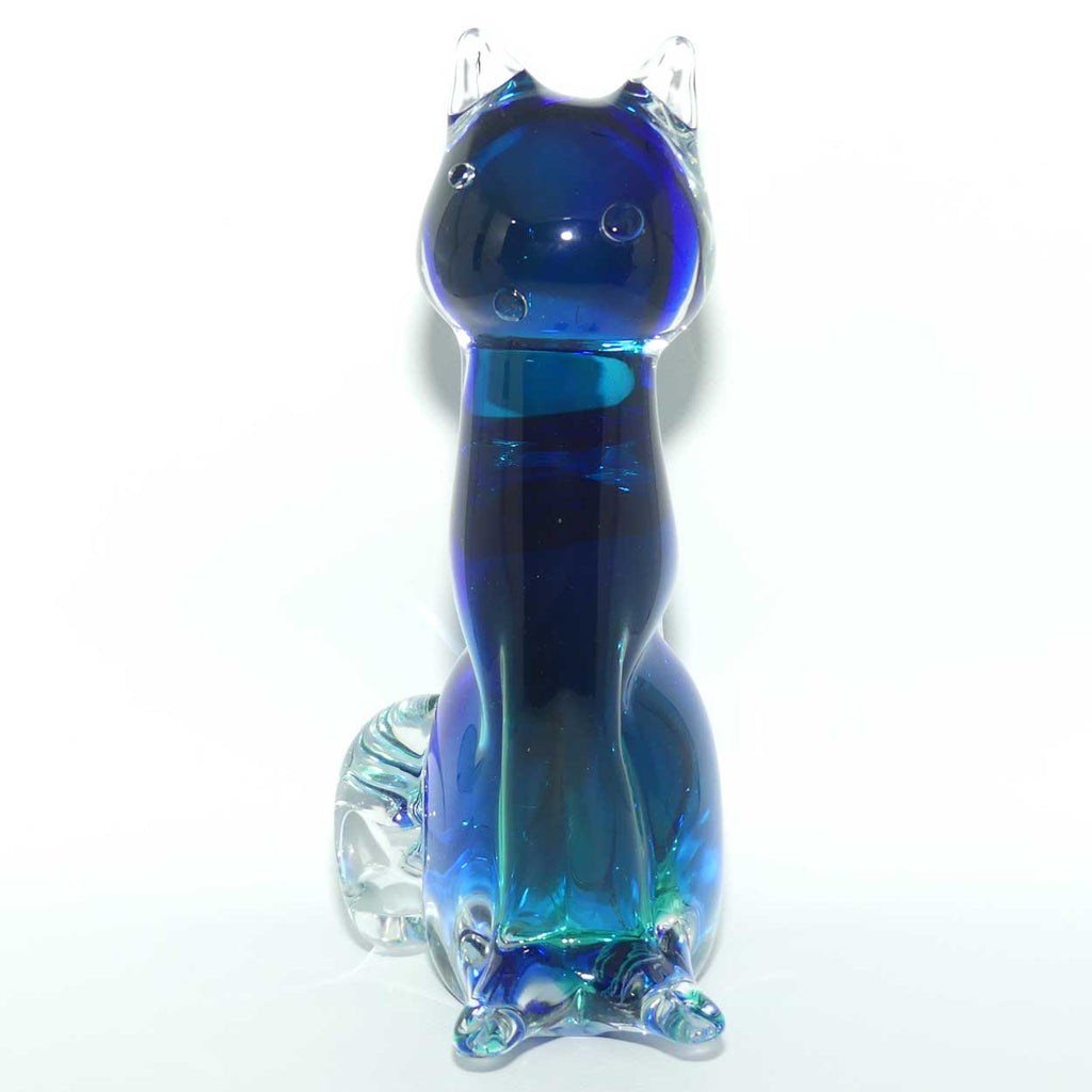 Large Murano Glass Blue Aqua and Clear Cat figure | Signed to base