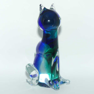 Large Murano Glass Blue Aqua and Clear Cat figure | Signed to base