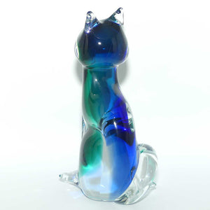 Large Murano Glass Blue Aqua and Clear Cat figure | Signed to base