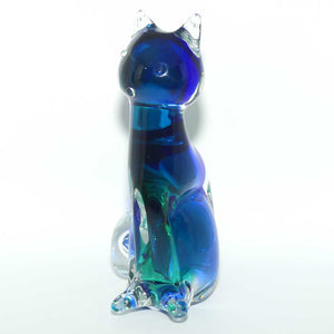 Large Murano Glass Blue Aqua and Clear Cat figure | Signed to base