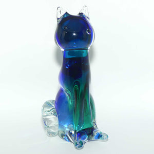 Large Murano Glass Blue Aqua and Clear Cat figure | Signed to base