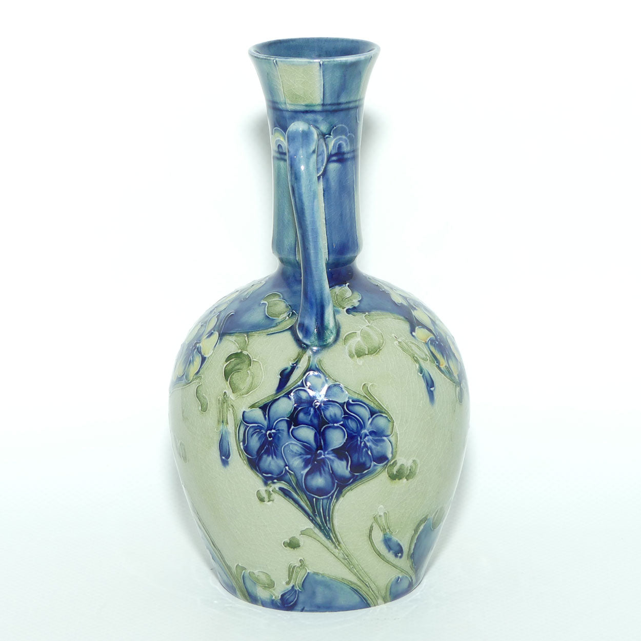 William Moorcroft Florian Blue on Celadon twin handle vase | Made for Liberty & Co