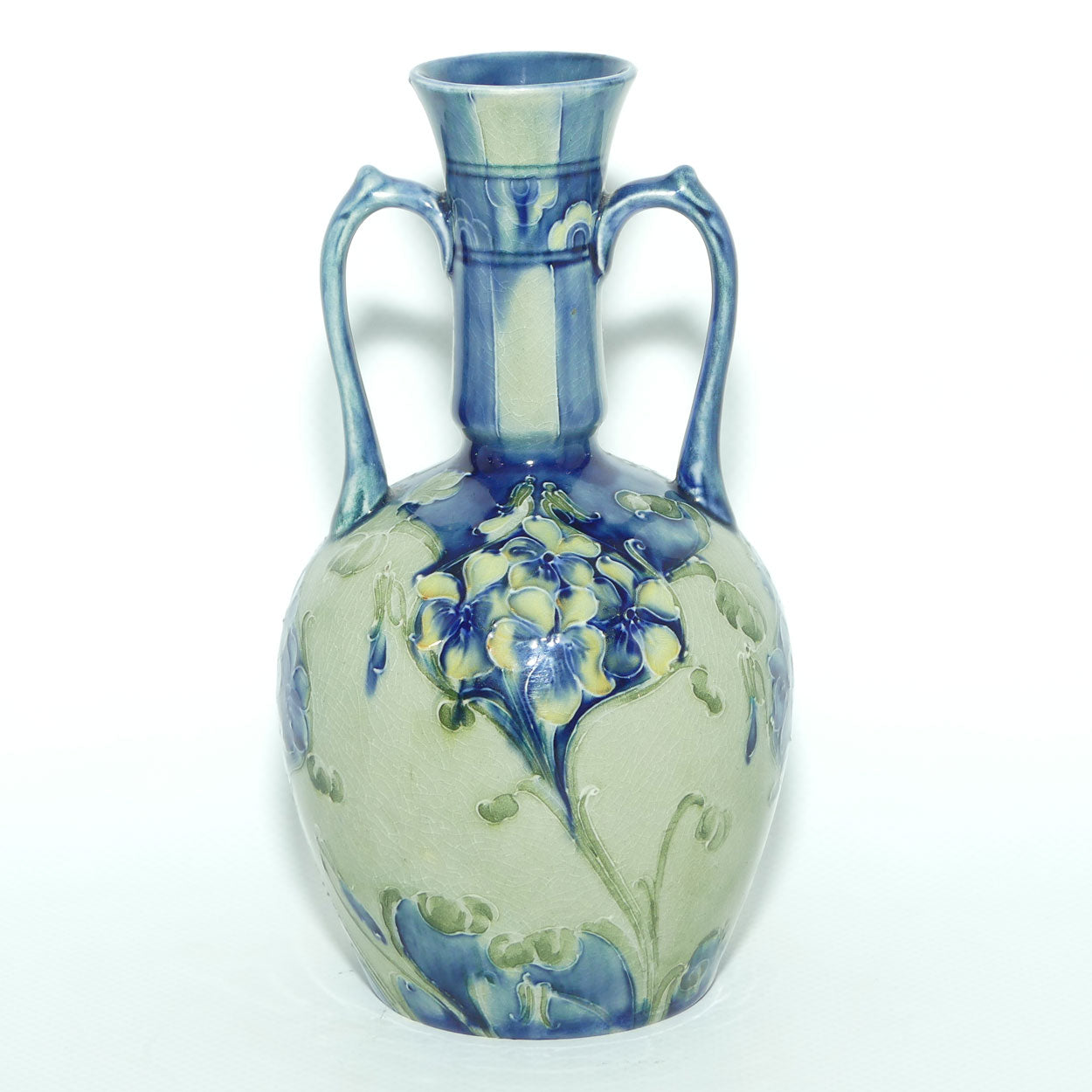 William Moorcroft Florian Blue on Celadon twin handle vase | Made for Liberty & Co