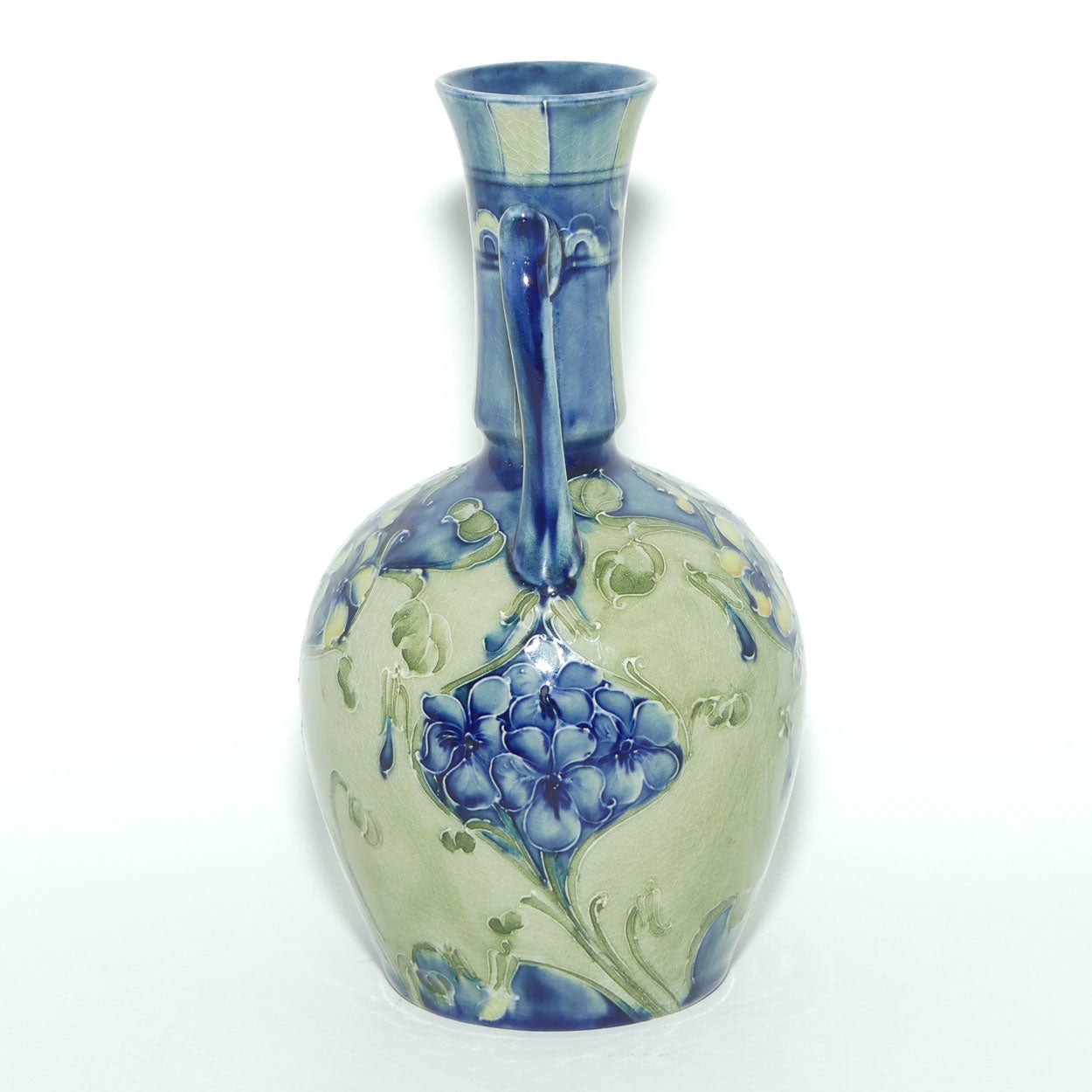William Moorcroft Florian Blue on Celadon twin handle vase | Made for Liberty & Co