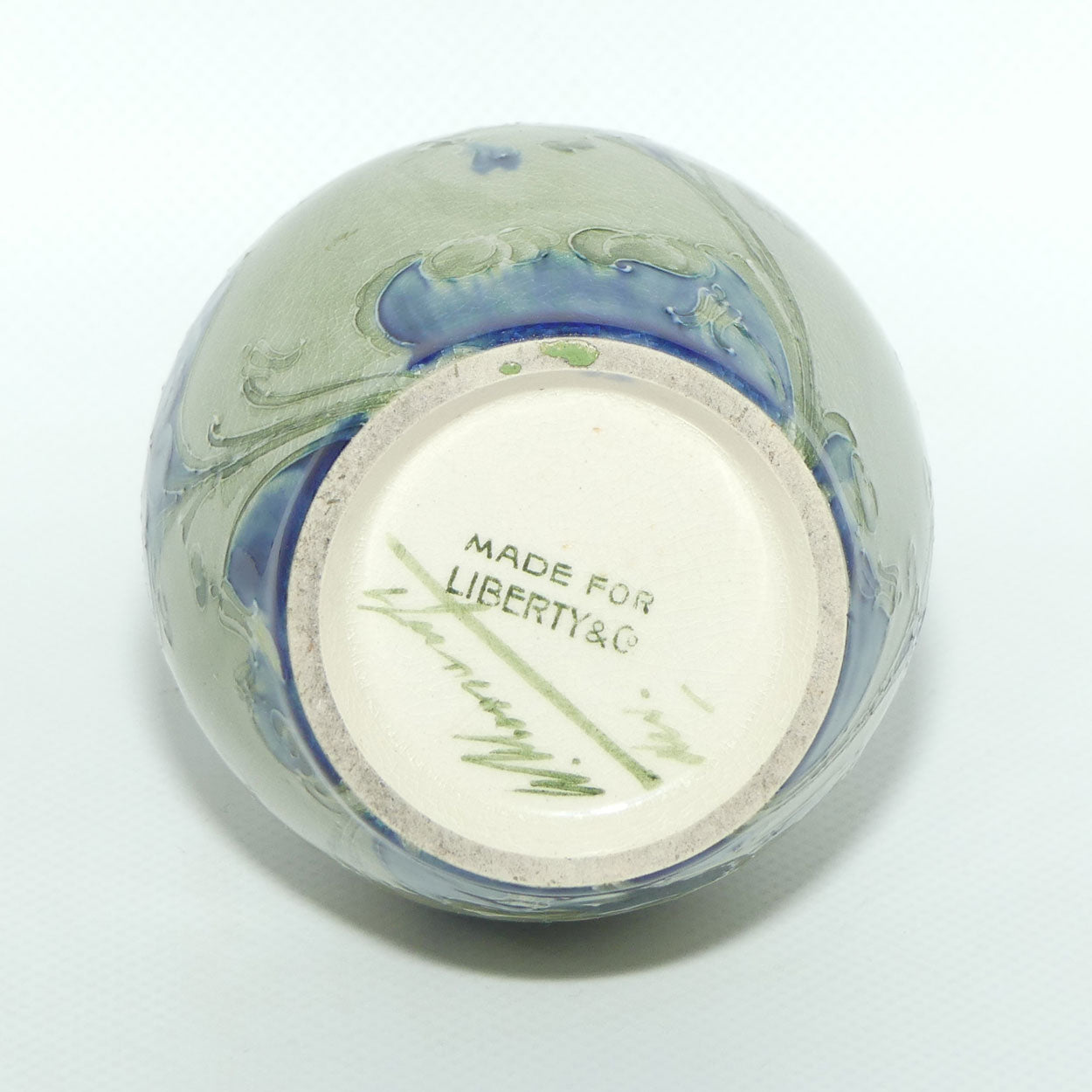 William Moorcroft Florian Blue on Celadon twin handle vase | Made for Liberty & Co