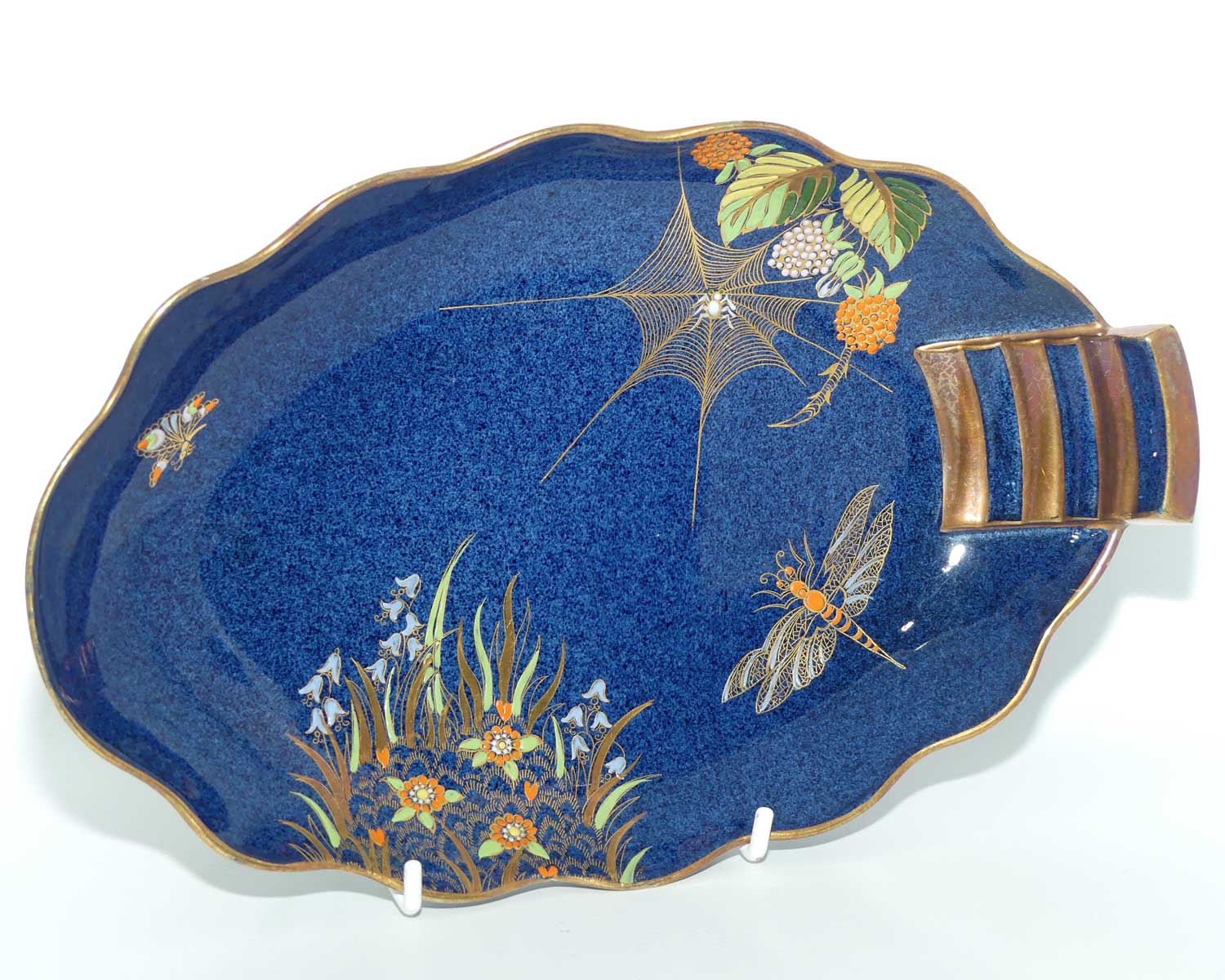 Carlton Ware Blue Spider Web gilt handle oval tray | 26cm