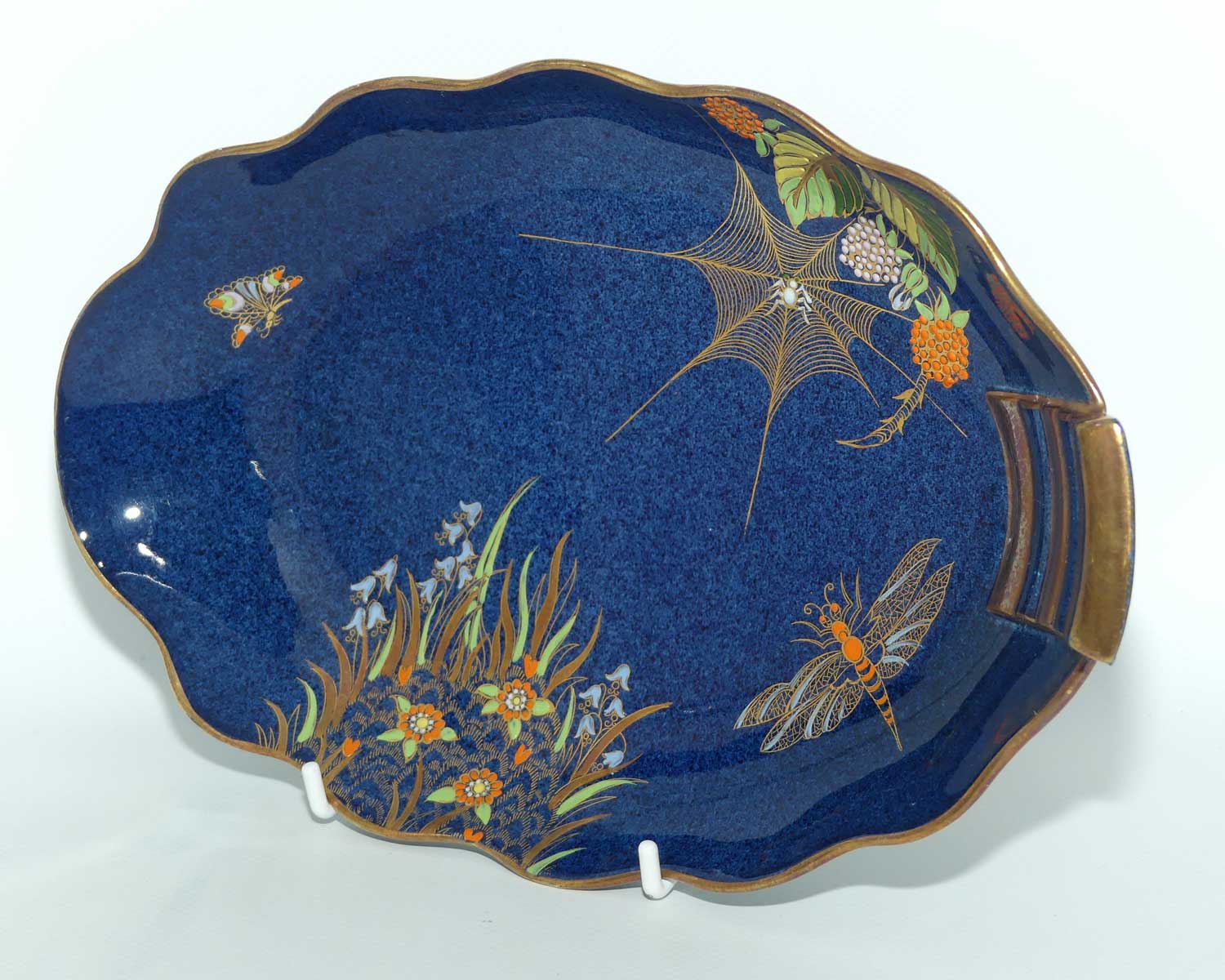 Carlton Ware Blue Spider Web gilt handle oval tray | 26cm