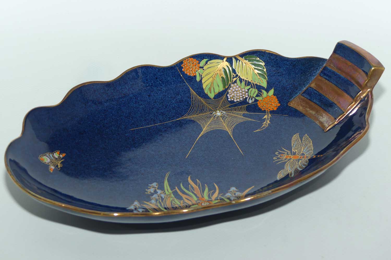 Carlton Ware Blue Spider Web gilt handle oval tray | 26cm