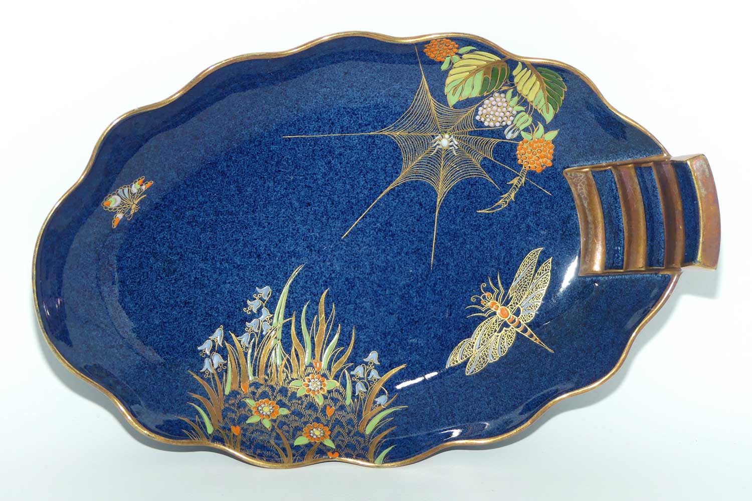Carlton Ware Blue Spider Web gilt handle oval tray | 26cm