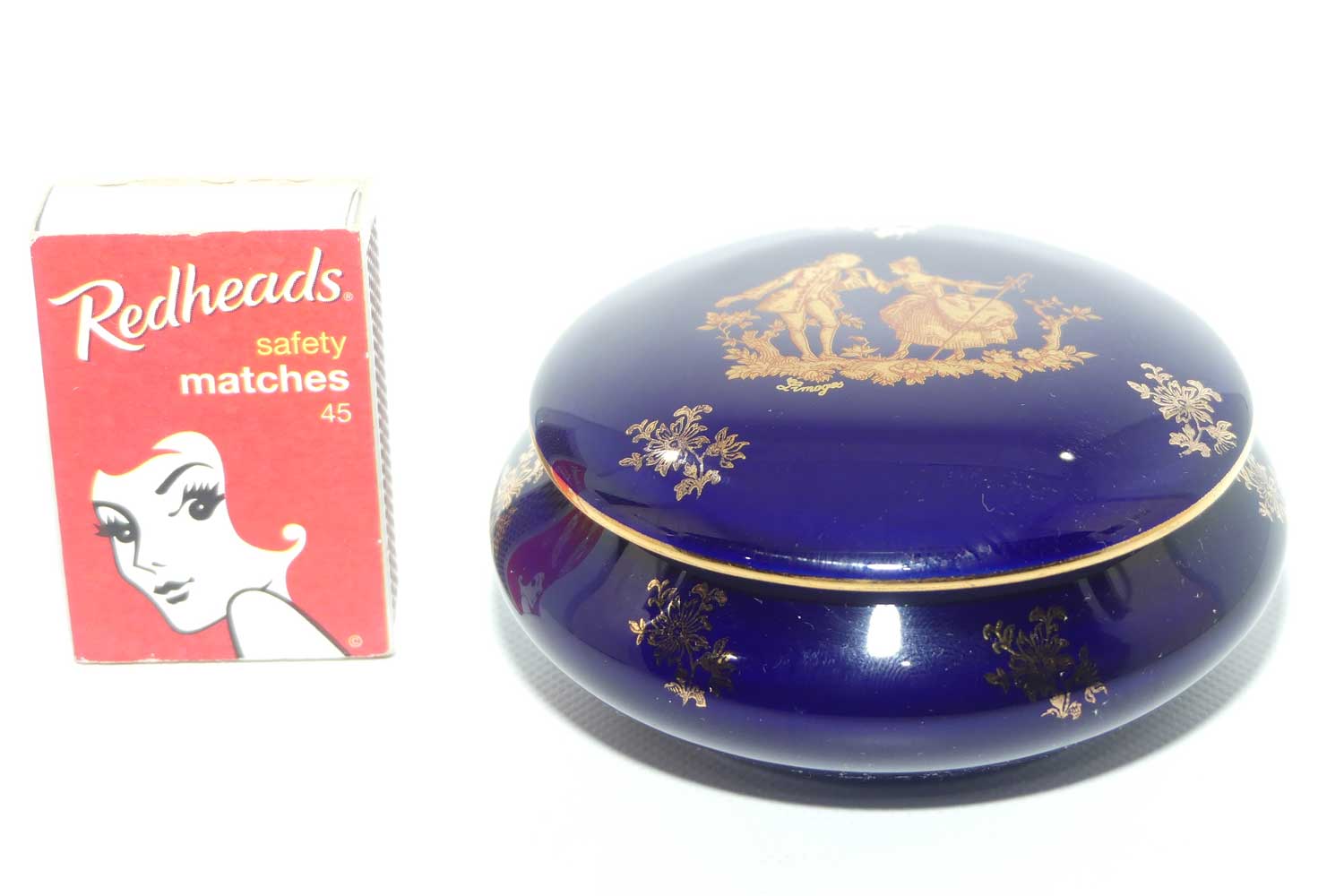 Porcelain Imperial Limoges France Blue and Gilt round trinket box | Traditional Courting Scene + Flowers