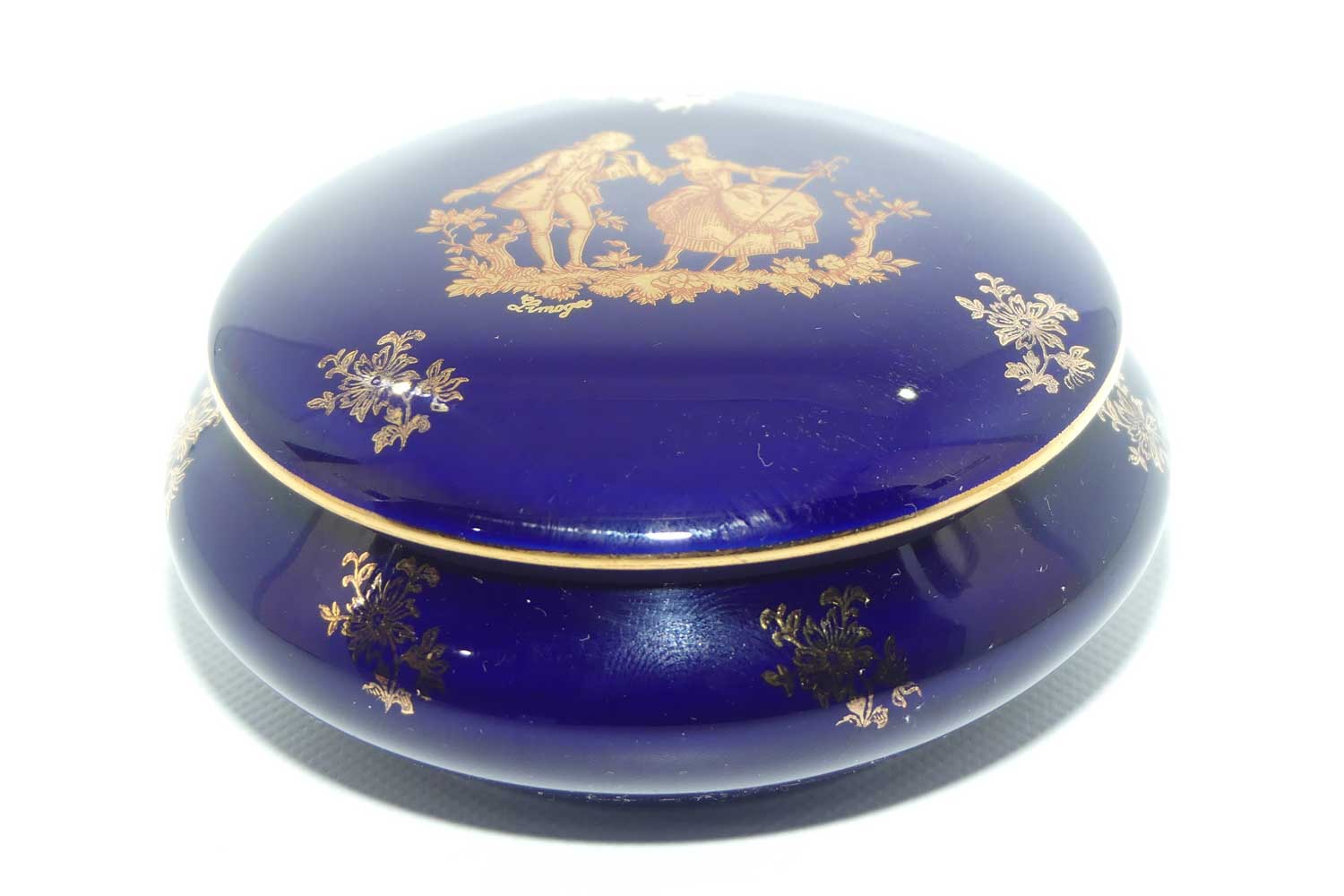 Porcelain Imperial Limoges France Blue and Gilt round trinket box | Traditional Courting Scene + Flowers