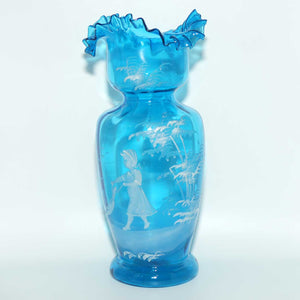 Ice Blue glass Frilled Top Mary Gregory vase depicting a Girl with rag doll | #1