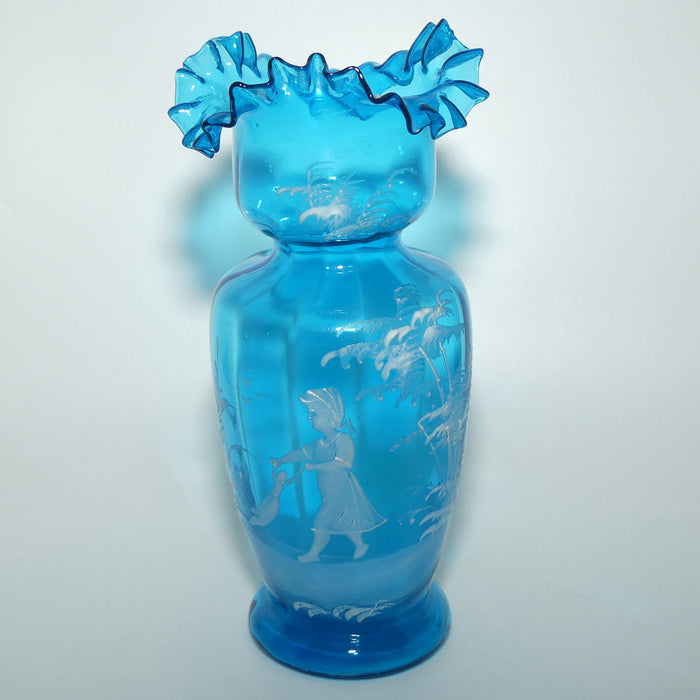 Ice Blue glass Frilled Top Mary Gregory vase depicting a Girl with rag doll | #1