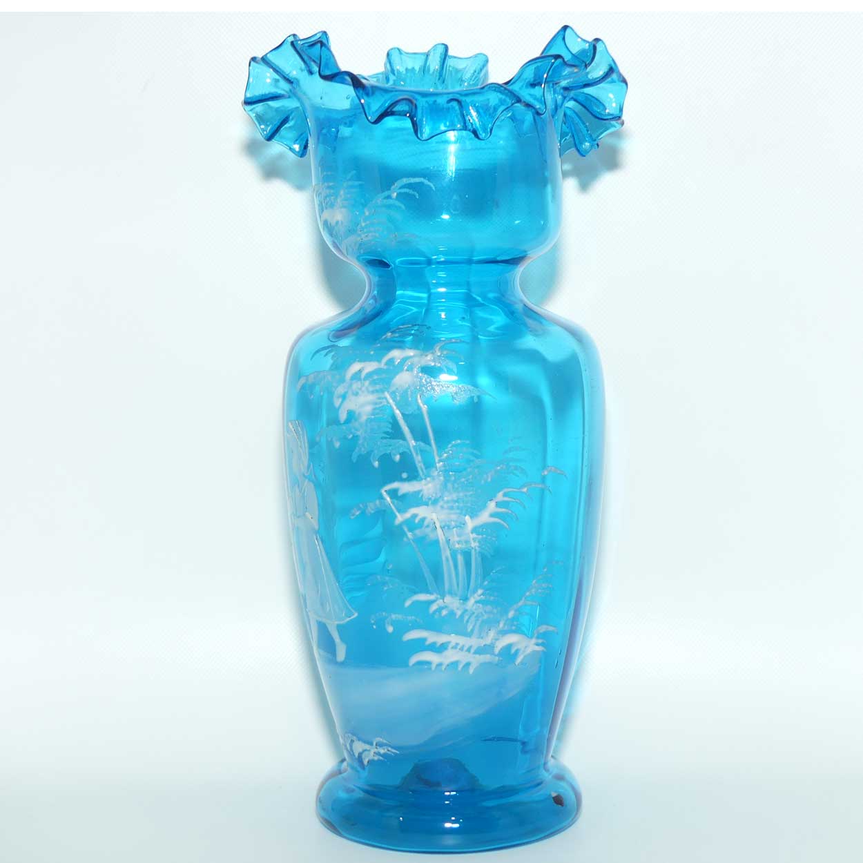 Ice Blue glass Frilled Top Mary Gregory vase depicting a Girl with rag doll | #1