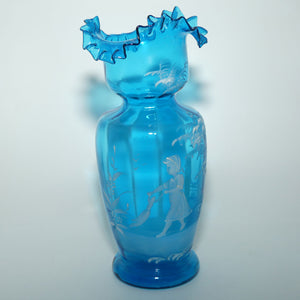 Ice Blue glass Frilled Top Mary Gregory vase depicting a Girl with rag doll 