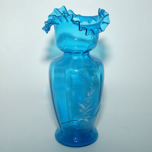 Ice Blue glass Frilled Top Mary Gregory vase depicting a Girl with rag doll 