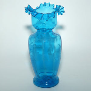 Ice Blue glass Frilled Top Mary Gregory vase depicting a Girl with rag doll 