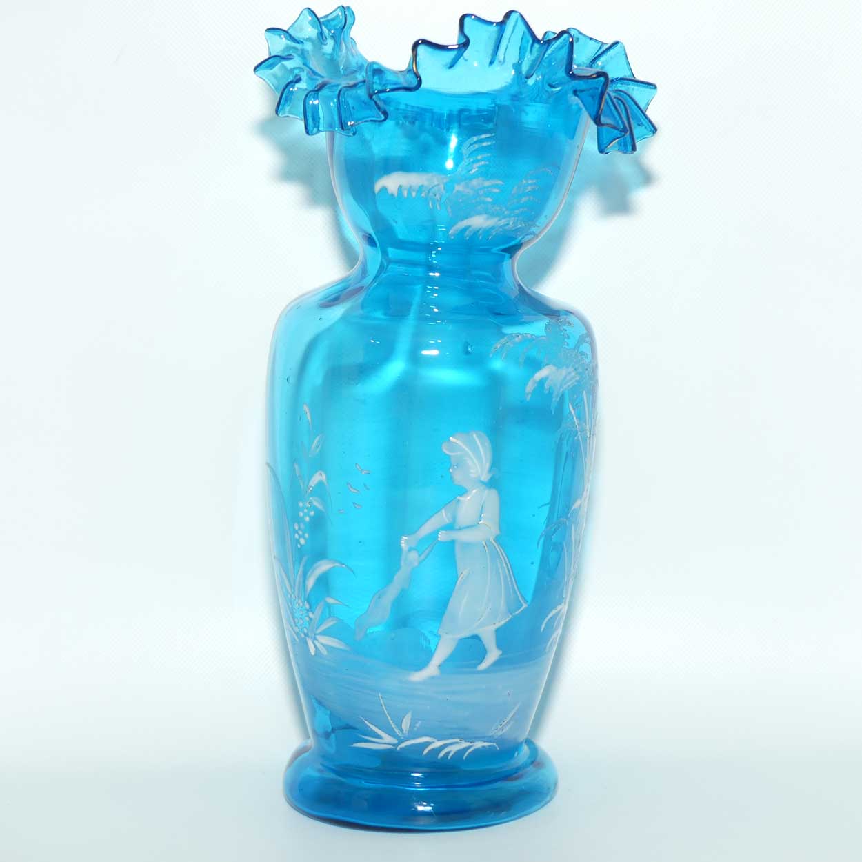 Ice Blue glass Frilled Top Mary Gregory vase depicting a Girl with rag doll | #2