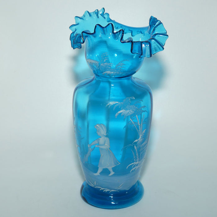 Ice Blue glass Frilled Top Mary Gregory vase depicting a Girl with rag doll | #2