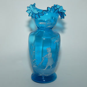 Ice Blue glass Frilled Top Mary Gregory vase depicting a Girl with rag doll | #2