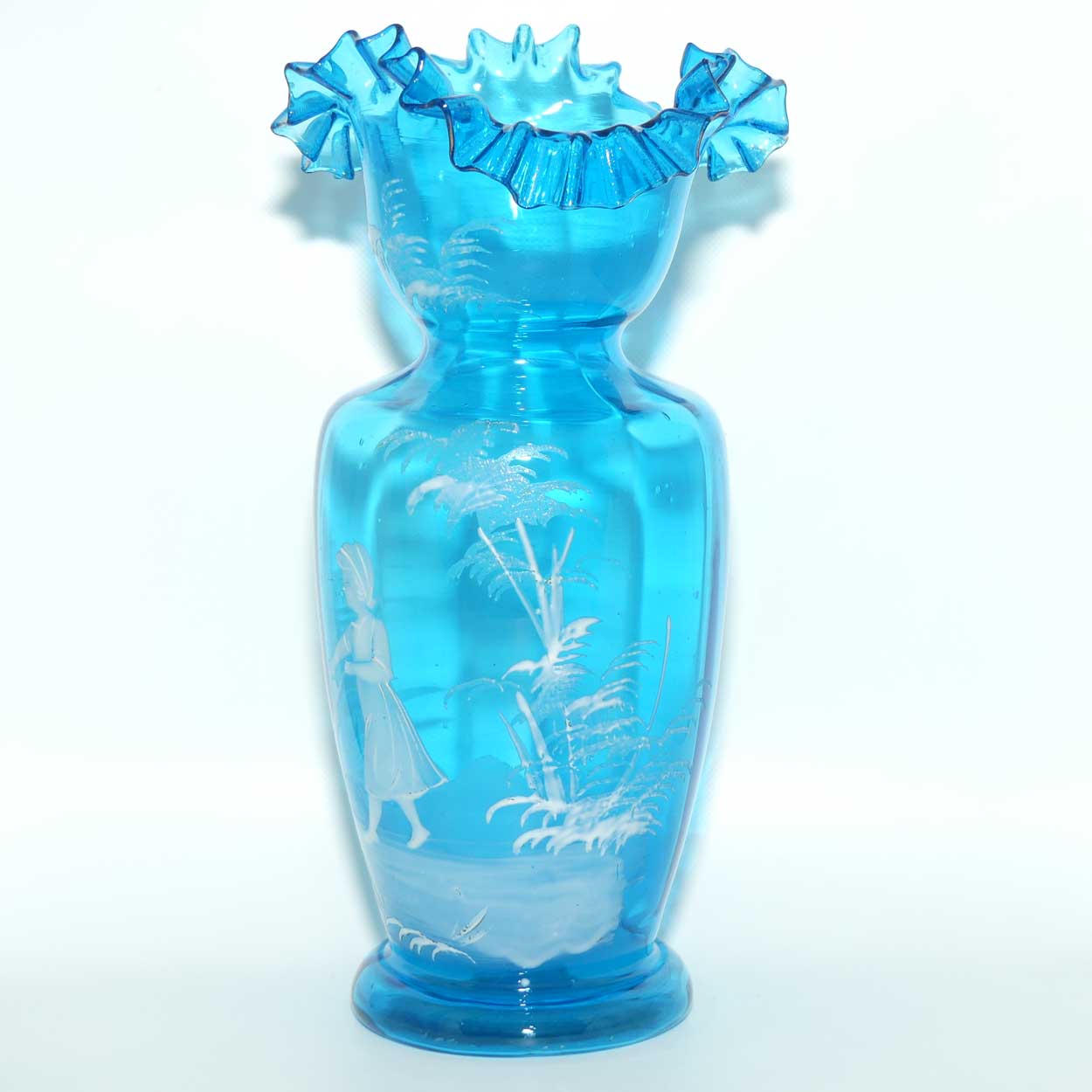Ice Blue glass Frilled Top Mary Gregory vase depicting a Girl with rag doll | #2