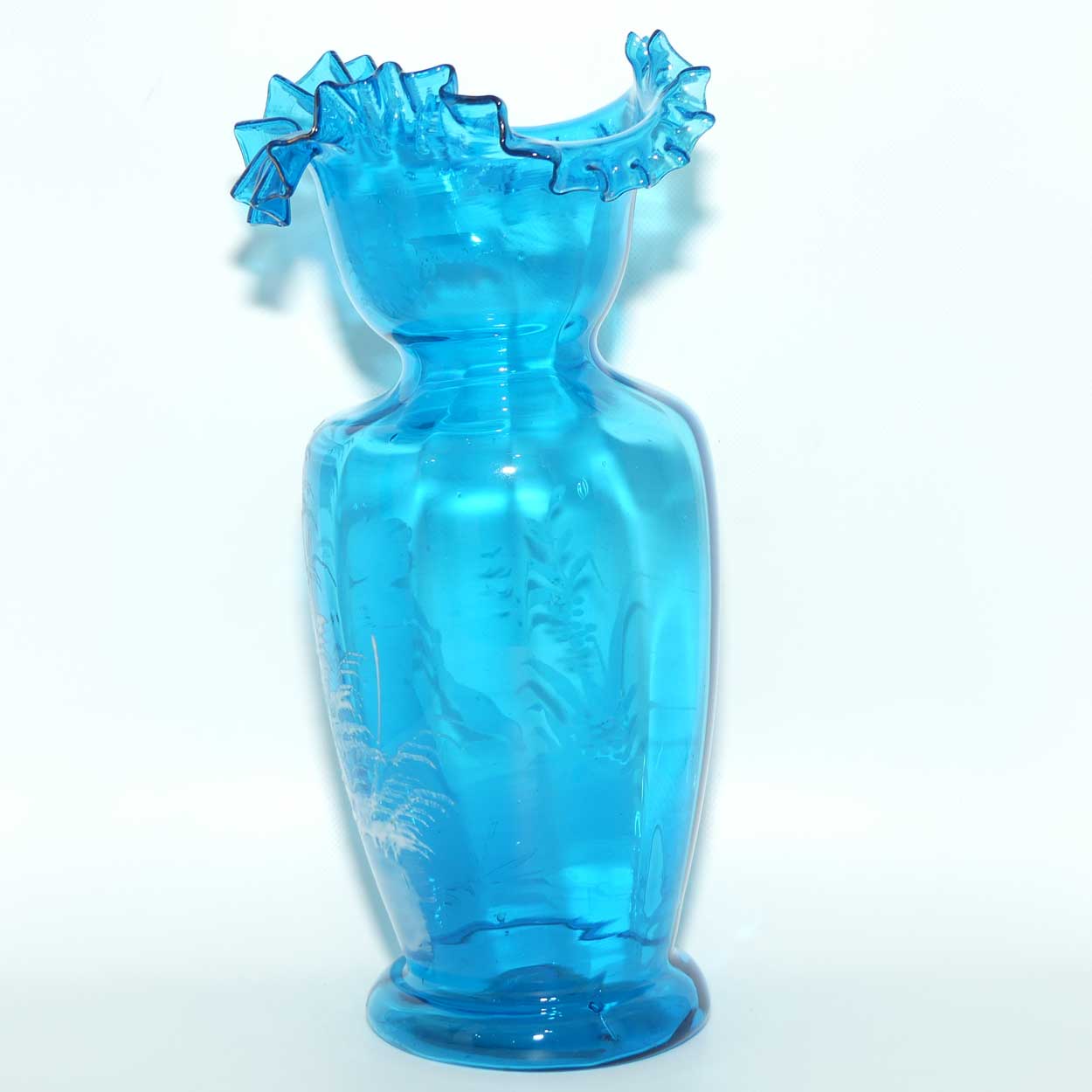 Ice Blue glass Frilled Top Mary Gregory vase depicting a Girl with rag doll | #2